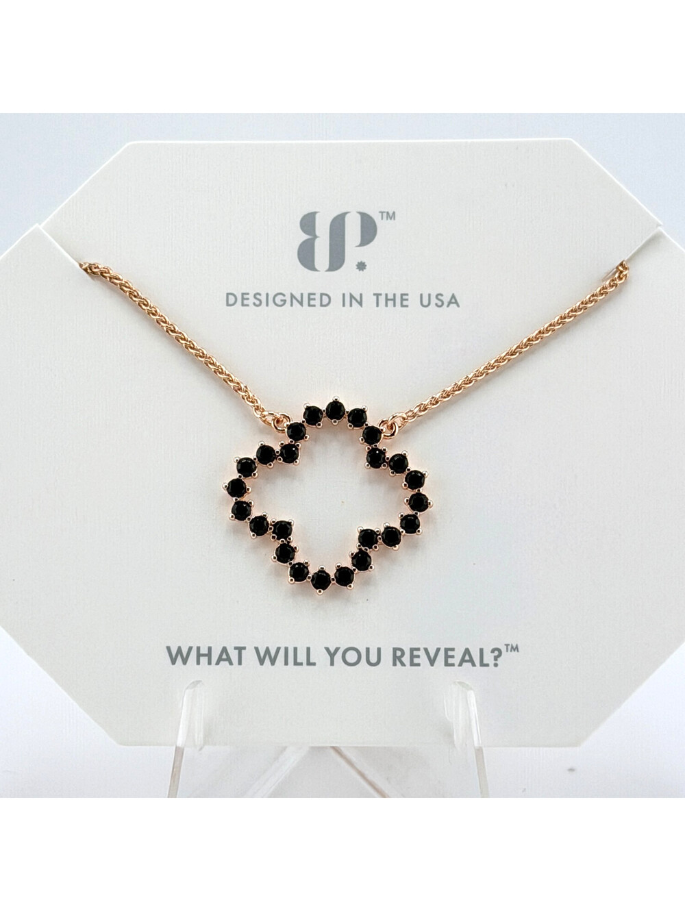 Bomb Party CLOVER Necklace "She Turns Heads Daily" Black Onyx on Rose Gold